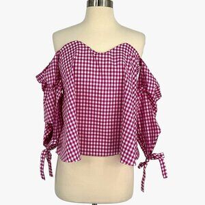 Caroline Constas Pink Gingham Plaid Gabriella Blouse Size XS Off Shoulders